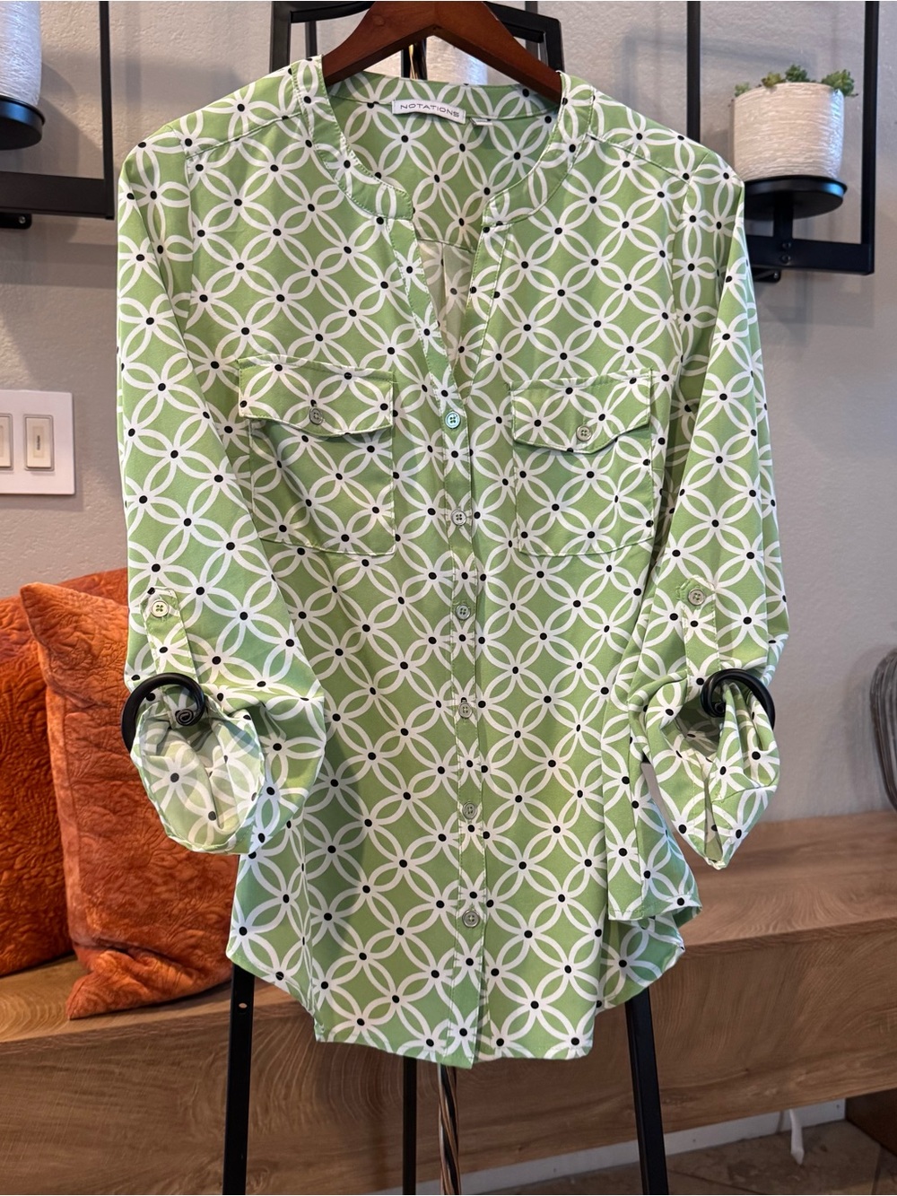 Notations Green and White Geometric Button-Down Shirt